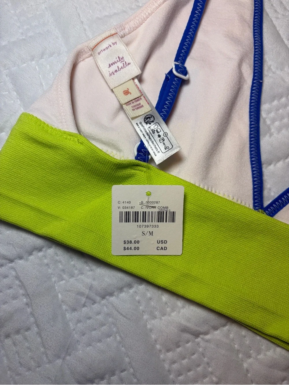 Anthropologie | Ivory Cherry Design Bralette with Blue Trim & Lime Band